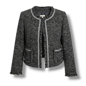 Frenchi women’s tweed frayed-edge open-front blazer jacket - Medium